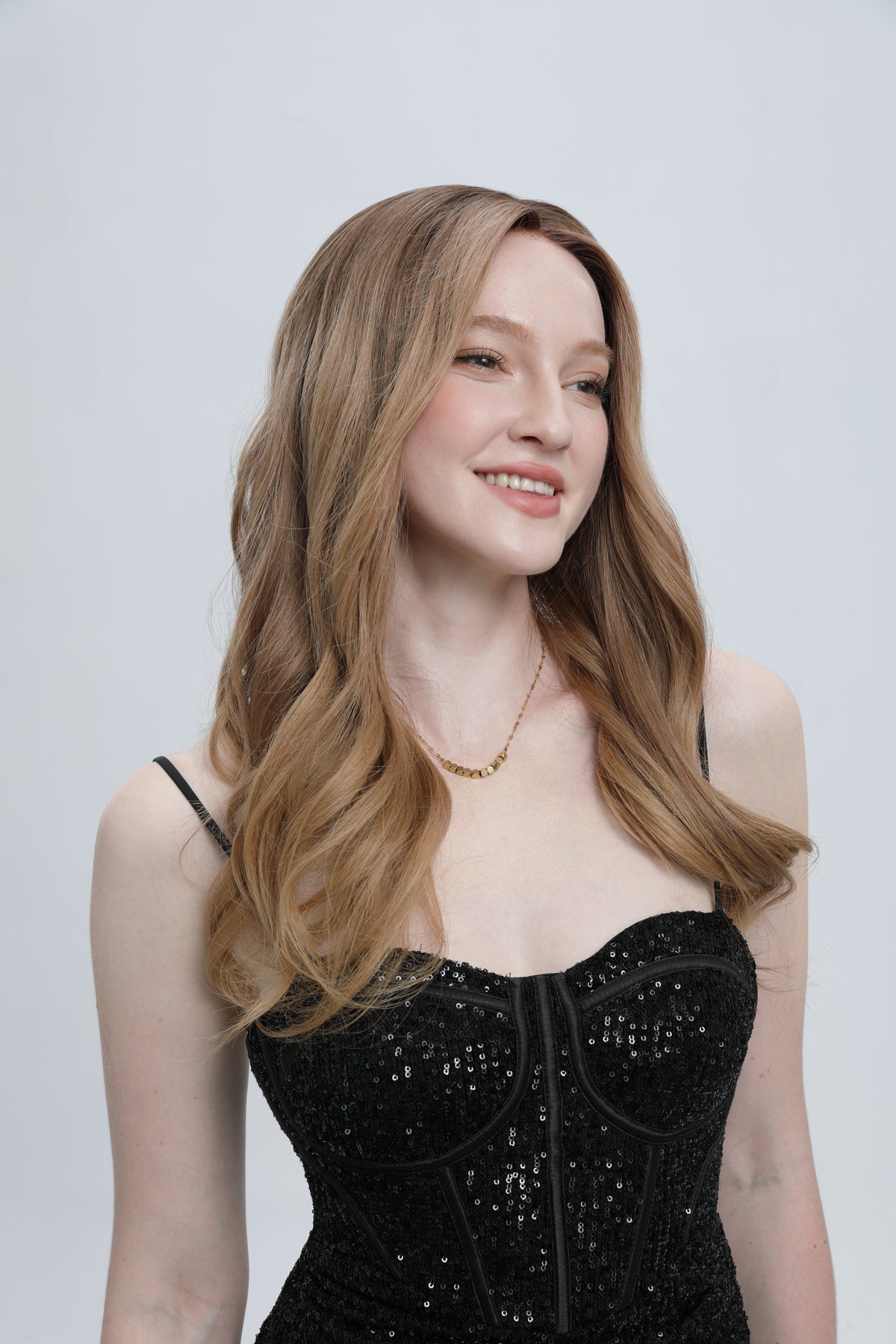 Nector | Medium Brown with Dark Warm Tone Blonde Balayage and Face-framing Highlights