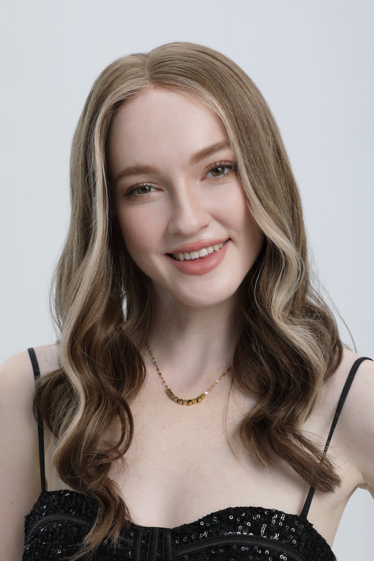 Twilight Umber | Medium to Light Beige Brown with Pale Blonde Balayage with Face-framing Highlights