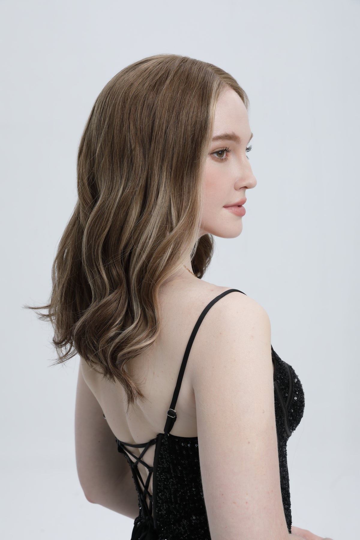 Twilight Umber | Medium to Light Beige Brown with Pale Blonde Balayage with Face-framing Highlights