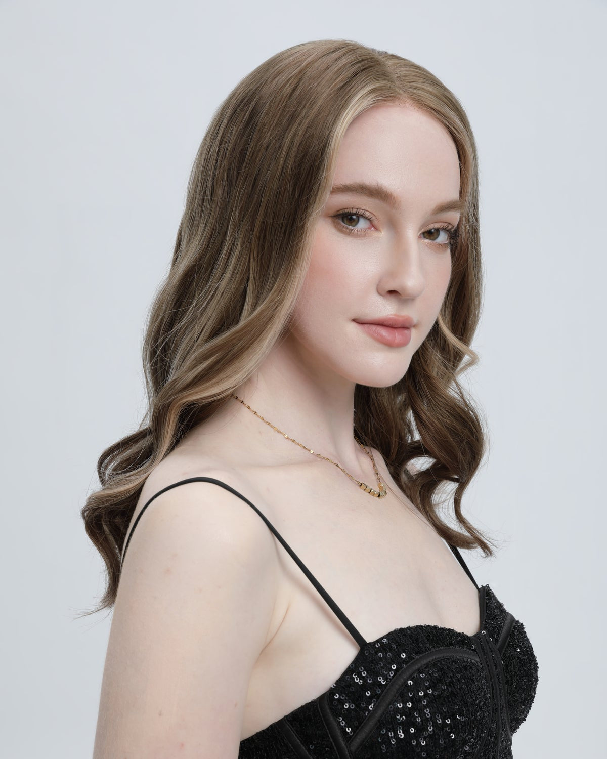 Twilight Umber | Medium to Light Beige Brown with Pale Blonde Balayage with Face-framing Highlights