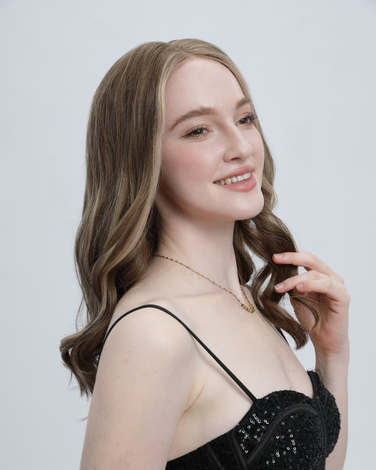 Twilight Umber | Medium to Light Beige Brown with Pale Blonde Balayage with Face-framing Highlights