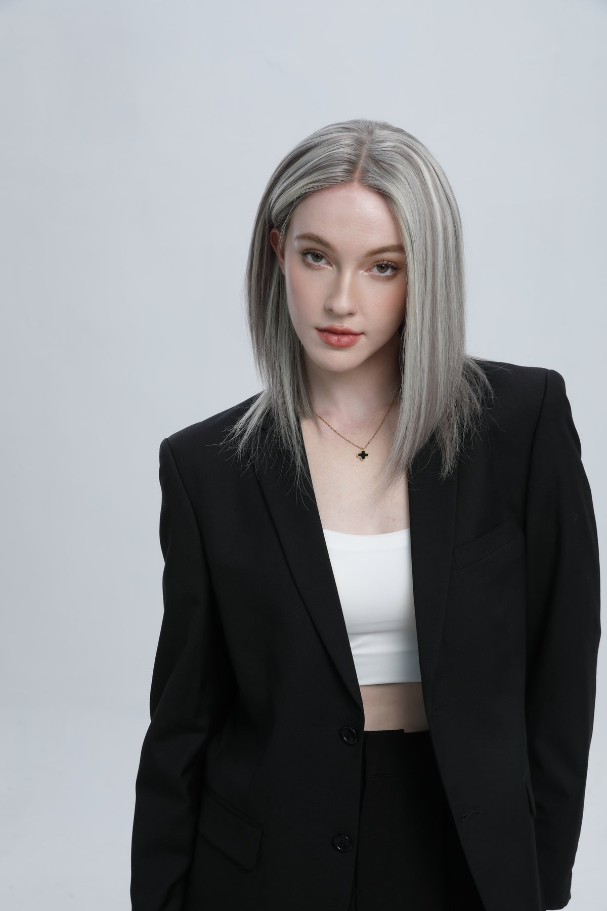 Ashen Frost | Medium Grey Salt and Pepper with White Face-framing Highlights