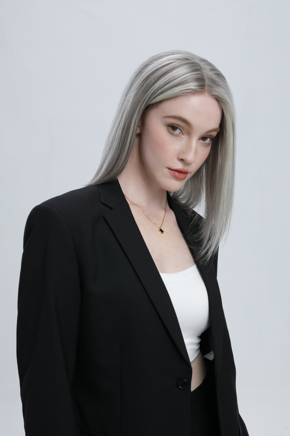 Ashen Frost | Medium Grey Salt and Pepper with White Face-framing Highlights